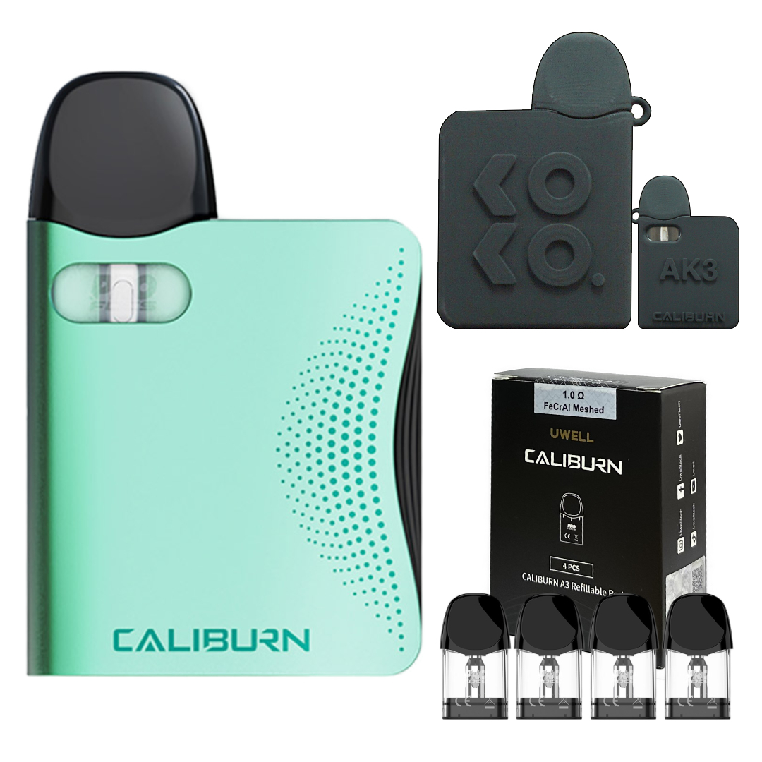 Uwell Caliburn AK3 Pod Kit + 交換用カートリッジ1箱 +　シリコンケース:Cyan:-