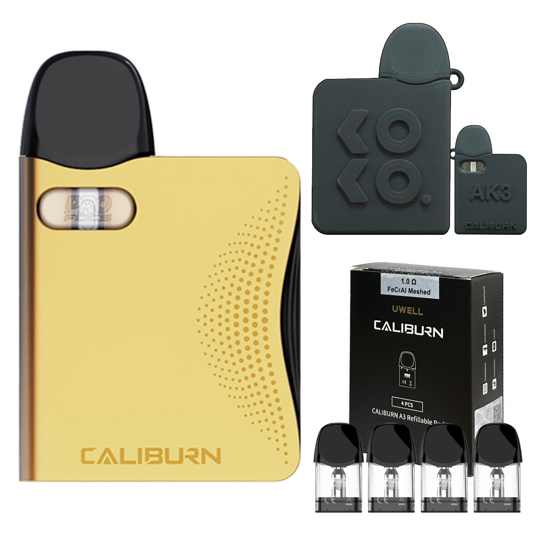 Uwell Caliburn AK3 Pod Kit + 交換用カートリッジ1箱 +　シリコンケース:Gold:-